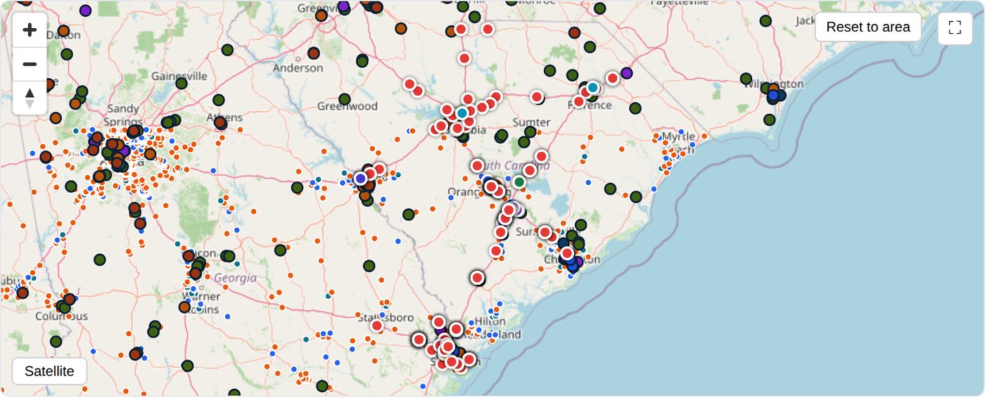 iVerify regional freight-system map showing carrier and logistics activity across the South Carolina corridor around the I-26 and I-95 crossing