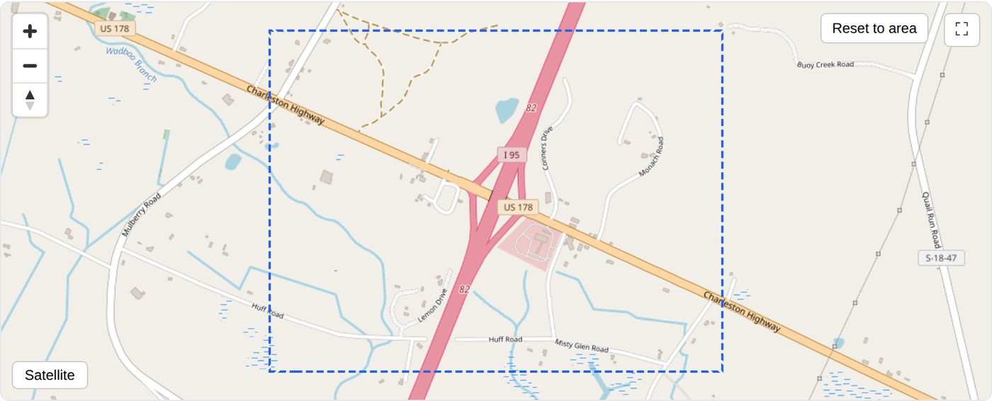 iVerify location map of the I-95 Exit 77 interchange at St George, SC (Dorchester County), where I-95 meets US-78 / US-178 (Charleston Highway); the screening area is outlined.